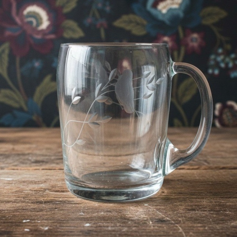 Princess House Heritage Cat Tail Mug, Vintage Floral Etched Crystal Drinkware